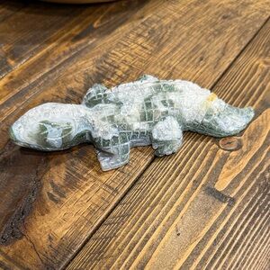 Moss Agate Carved Lizard Figurine with Druzy accents